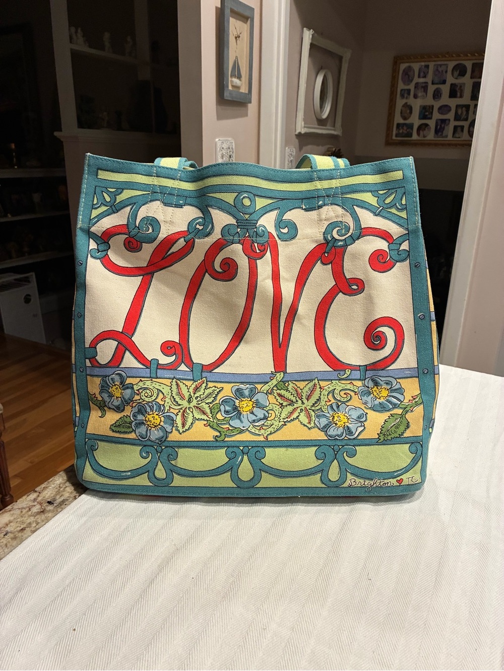 Brighton Canvas Heart Print Tote Bag - Yellow & Turquoise - Picture 2 of 9